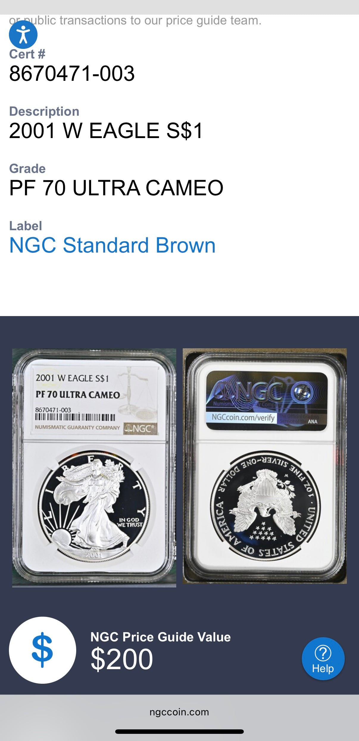 Proof 2001 (W) $1 American Silver Eagle NGC PF70UC Modern Brown Label (1 of 6,885)