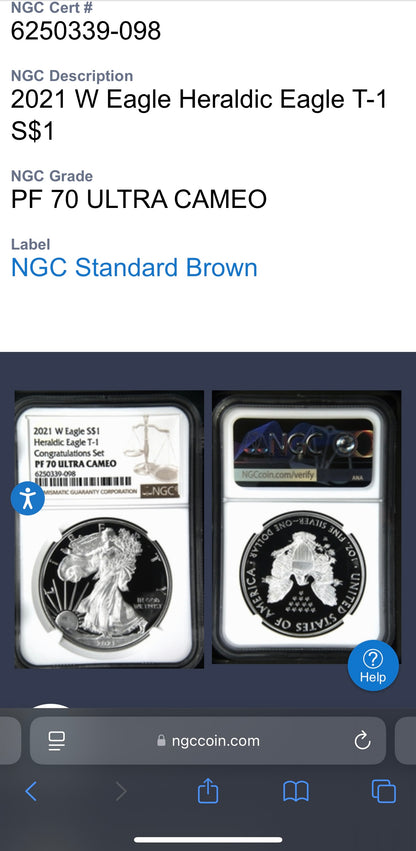 Proof 2021 (W) $1 American Silver Eagle NGC PF70 Type 1 Congratulations Set Modern Brown Label Mint Condition (Rare 1 of 984)