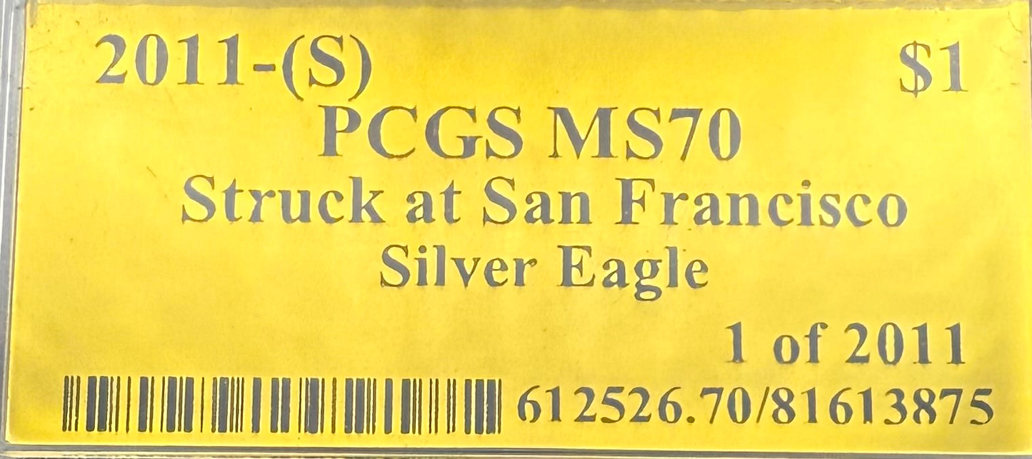 2011 San Francisco $1 American Silver Eagle PCGS MS70 Gold Foil Label
