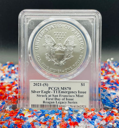 2021 (S) $1 American Silver Eagle PCGS MS70 FDOI Type 1 Reagan Legacy Series Signed Label (1 of 529)