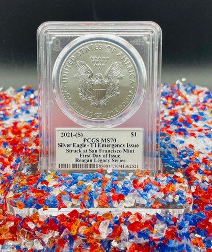 2021 (S) $1 American Silver Eagle PCGS MS70 FDOI Type 1 Reagan Legacy Series Signed Label (1 of 529)