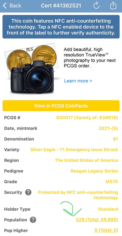 2021 (S) $1 American Silver Eagle PCGS MS70 FDOI Type 1 Reagan Legacy Series Signed Label (1 of 529)