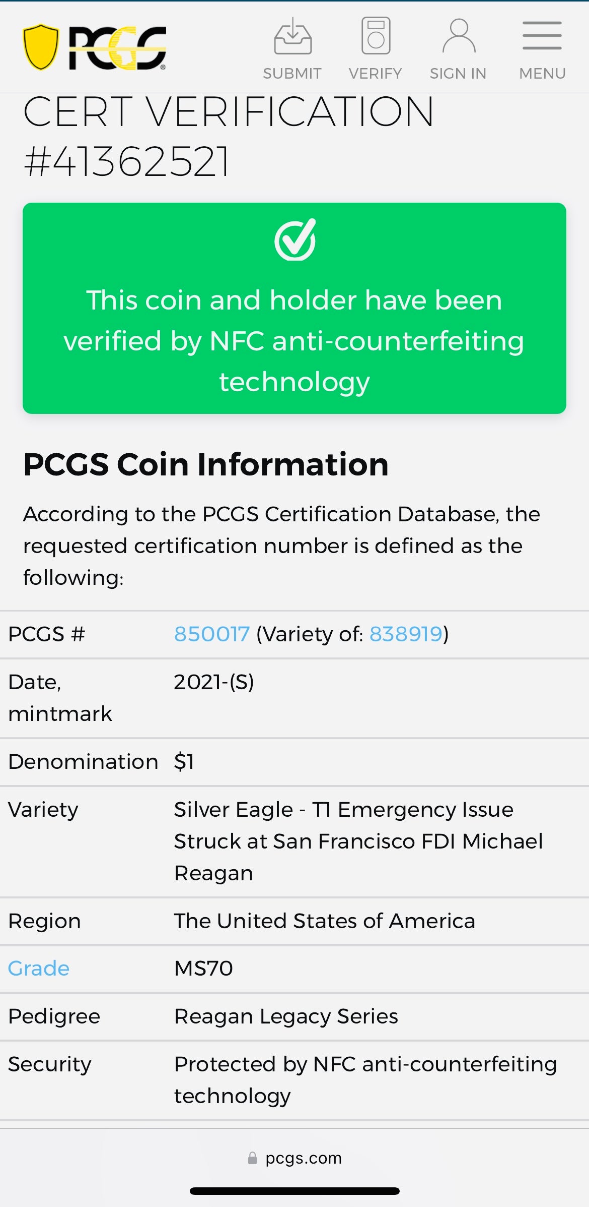 2021 (S) $1 American Silver Eagle PCGS MS70 FDOI Type 1 Reagan Legacy Series Signed Label (1 of 529)