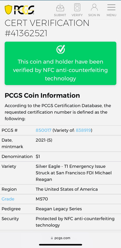 2021 (S) $1 American Silver Eagle PCGS MS70 FDOI Type 1 Reagan Legacy Series Signed Label (1 of 529)