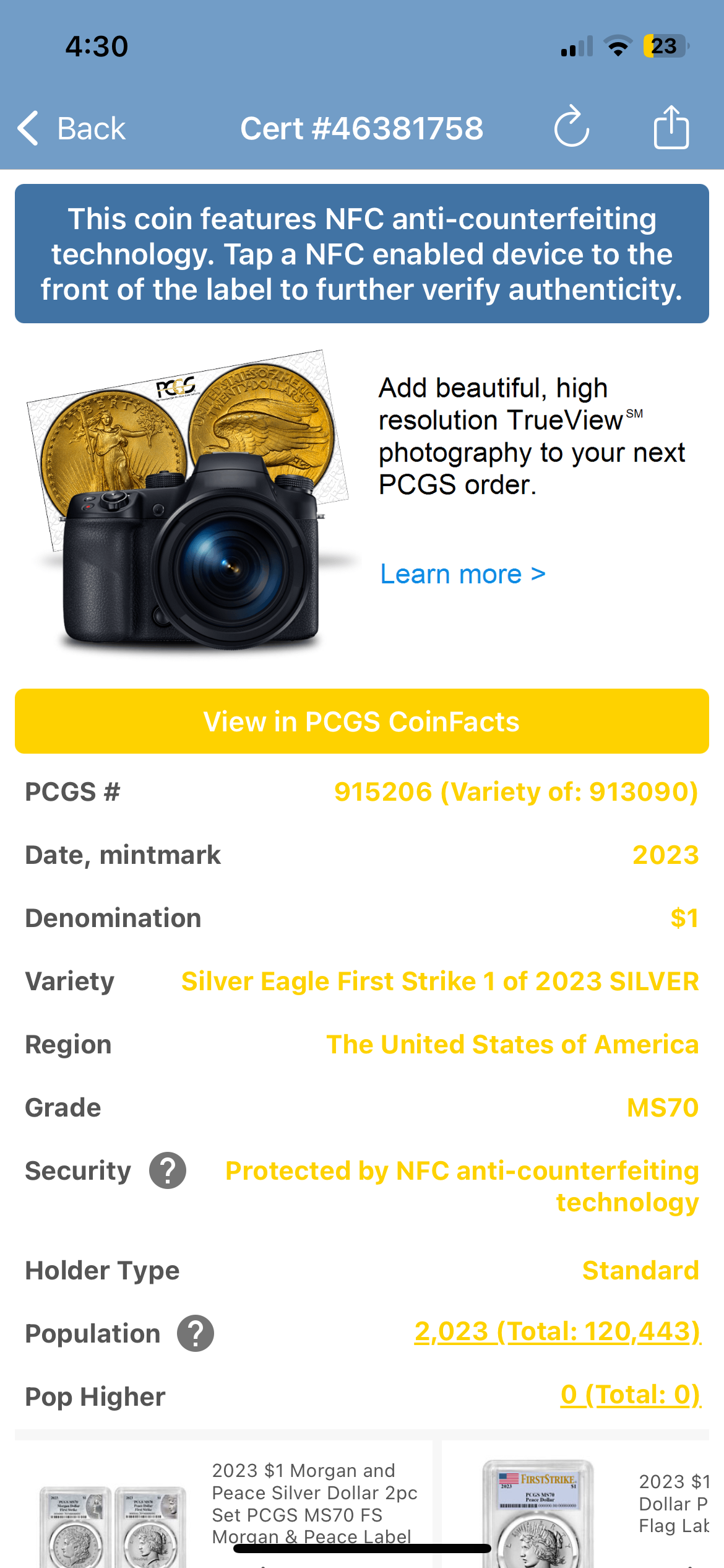 2023 $1 American Silver Eagle PCGS MS70 First Strike Silver Foil Label (Rare 1 of 2023)