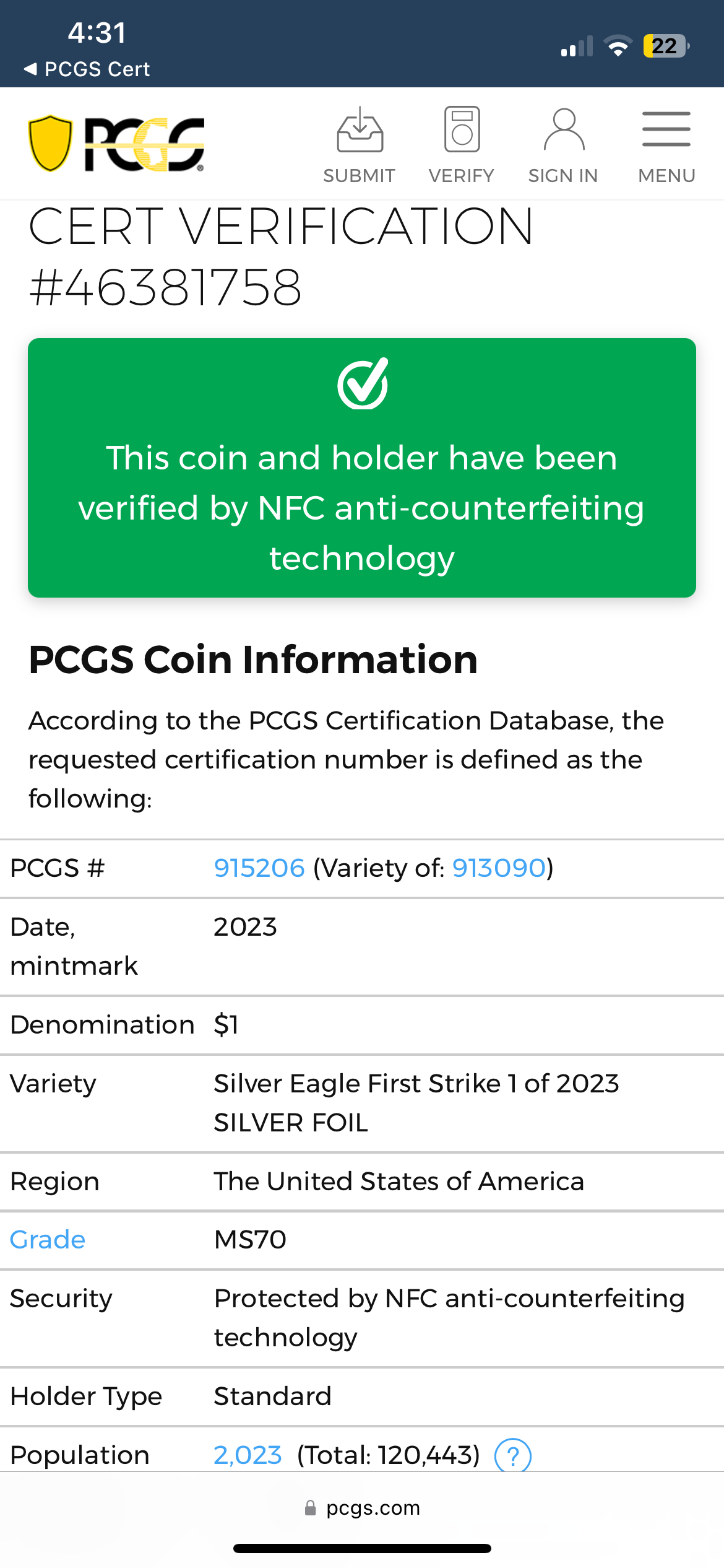 2023 $1 American Silver Eagle PCGS MS70 First Strike Silver Foil Label (Rare 1 of 2023)