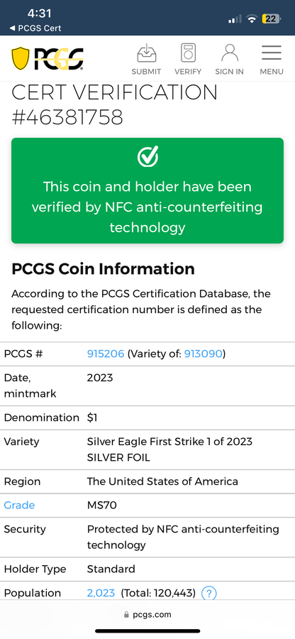 2023 $1 American Silver Eagle PCGS MS70 First Strike Silver Foil Label (Rare 1 of 2023)