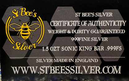 'Sonic King Bar' 1.5 oz .999 Fine Silver Bar, Hand Crafted by St Bee's in England, Shiny Finish, Includes Wood Treasure Chest, COA, Mint Condition, Limited Edition