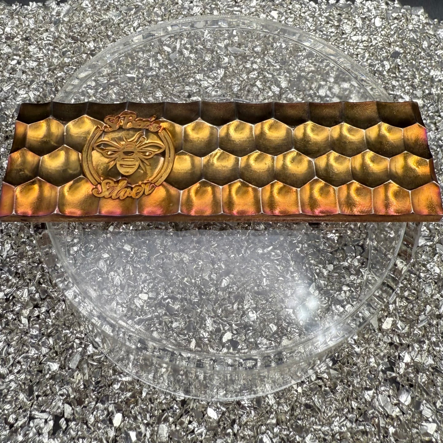 'Gold Toned Honey Bar' 3.95 oz .999 Fine Silver Bar, Hand Crafted by St Bee's in England, Gold Toned Finish, Includes Wood Treasure Chest, COA, Mint Condition, Limited Edition