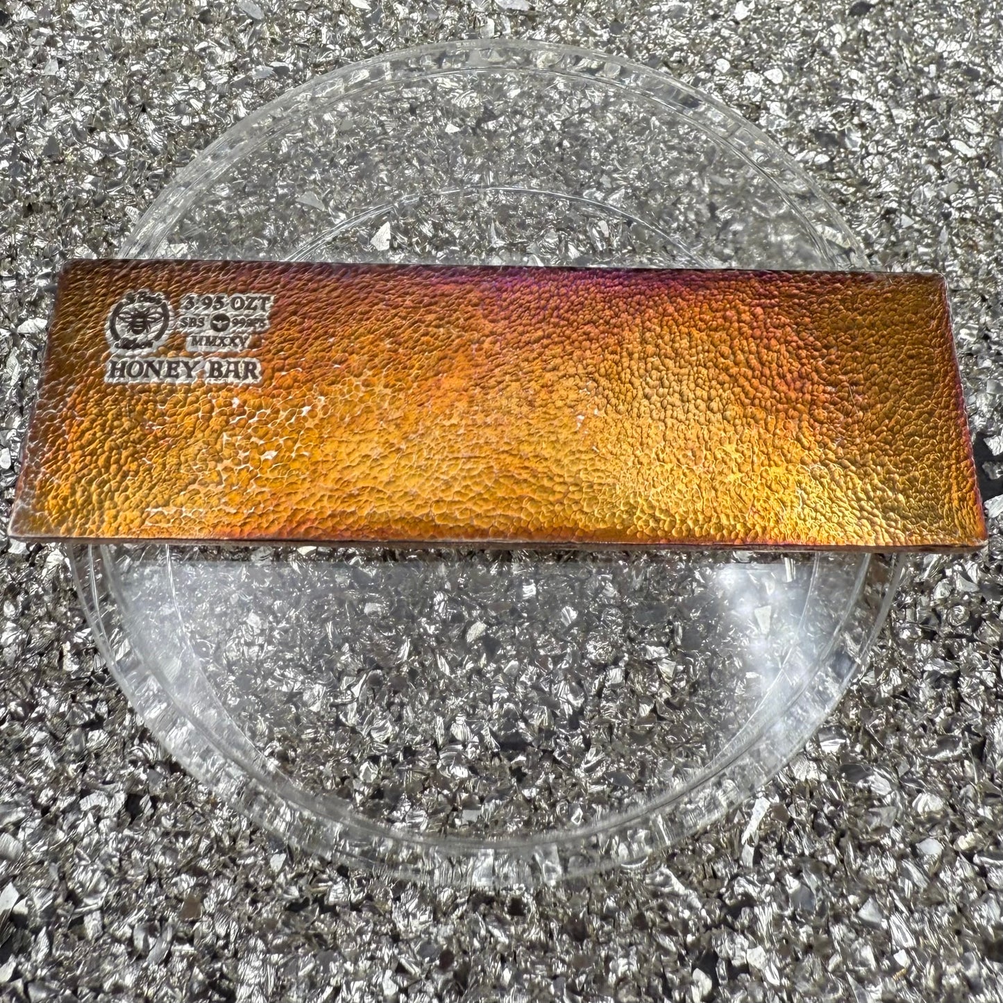 'Gold Toned Honey Bar' 3.95 oz .999 Fine Silver Bar, Hand Crafted by St Bee's in England, Gold Toned Finish, Includes Wood Treasure Chest, COA, Mint Condition, Limited Edition