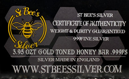 'Gold Toned Honey Bar' 3.95 oz .999 Fine Silver Bar, Hand Crafted by St Bee's in England, Gold Toned Finish, Includes Wood Treasure Chest, COA, Mint Condition, Limited Edition