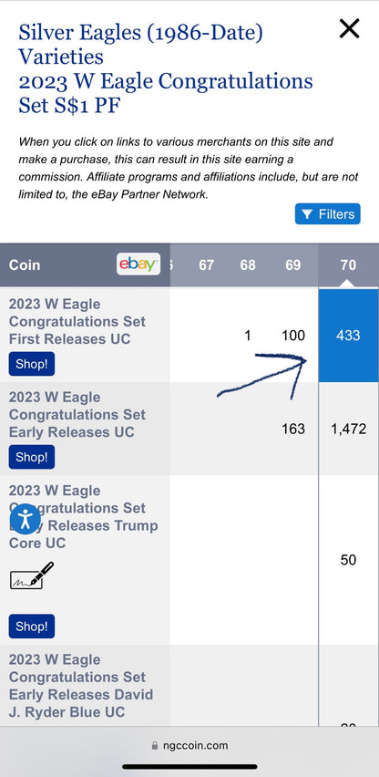 Proof 2023 (W) $1 American Silver Eagle NGC PF70 First Releases Congratulations Set West Point Star Gold Star Label Mint Condition (1 of 433)