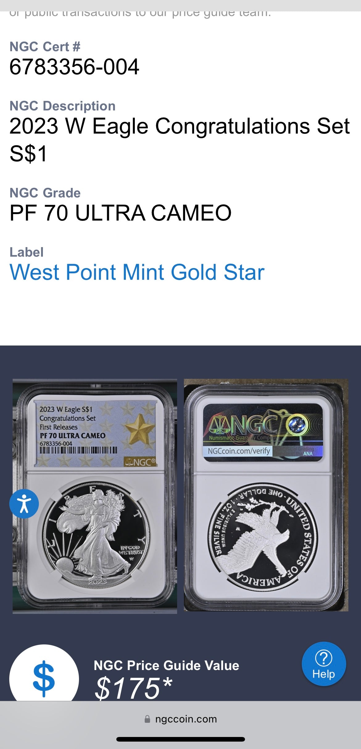 Proof 2023 (W) $1 American Silver Eagle NGC PF70 First Releases Congratulations Set West Point Star Gold Star Label Mint Condition (1 of 433)