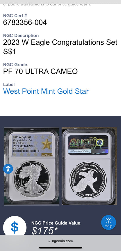 Proof 2023 (W) $1 American Silver Eagle NGC PF70 First Releases Congratulations Set West Point Star Gold Star Label Mint Condition (1 of 433)