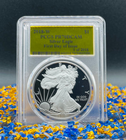 Proof 2018 (W) $1 American Silver Eagle PCGS PR70DCAM FDOI Gold Foil Label (1 of 2,018)