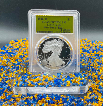 Proof 2018 (W) $1 American Silver Eagle PCGS PR70DCAM FDOI Gold Foil Label (1 of 2,018)