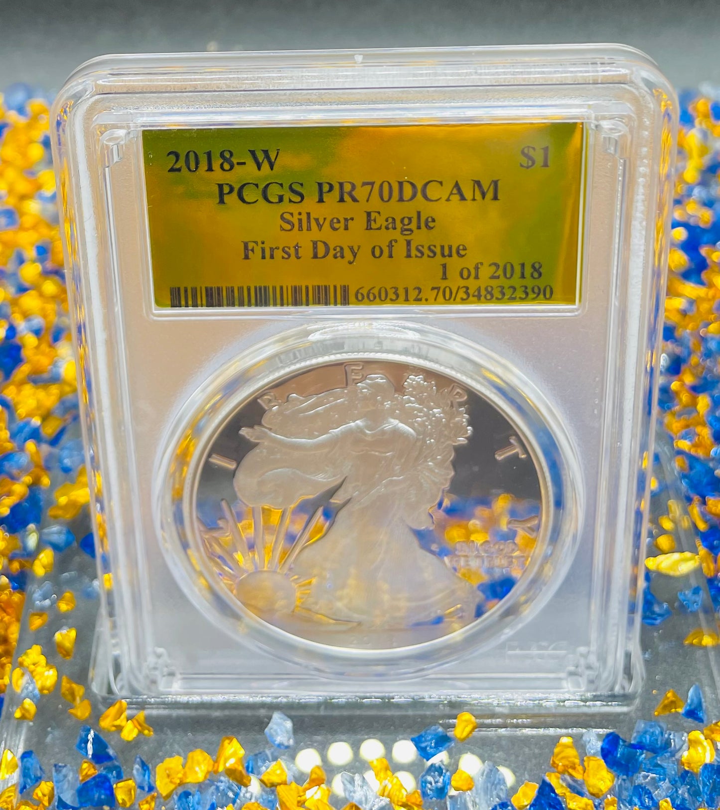 Proof 2018 (W) $1 American Silver Eagle PCGS PR70DCAM FDOI Gold Foil Label (1 of 2,018)