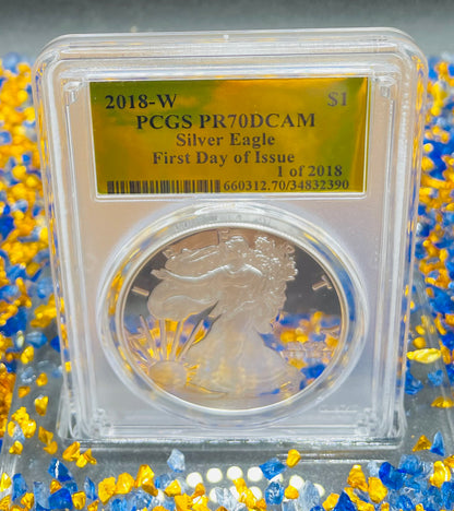 Proof 2018 (W) $1 American Silver Eagle PCGS PR70DCAM FDOI Gold Foil Label (1 of 2,018)