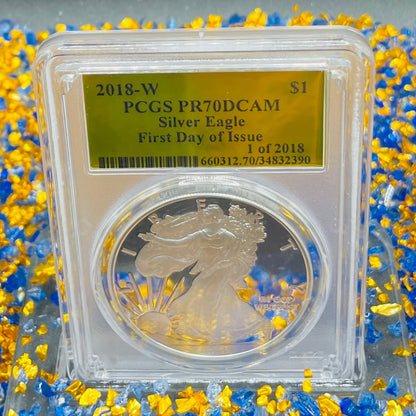 Proof 2018 (W) $1 American Silver Eagle PCGS PR70DCAM FDOI Gold Foil Label (1 of 2,018)