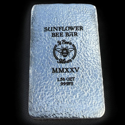 'Sunflower Bee Bar' 1.56 ozt .999 Fine Silver Bar, Hand Crafted by St Bee's in England, Satin Finish, Includes Wood Treasure Chest, COA, Mint Condition (Limited Edition)