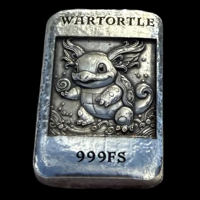 'Pokémon Wartortle Bar' 1.22 oz .999 Fine Silver Bar, Hand Crafted by St Bee's in England, Shiny Finish, Includes Wood Treasure Chest, COA, Mint Condition (Prototype)