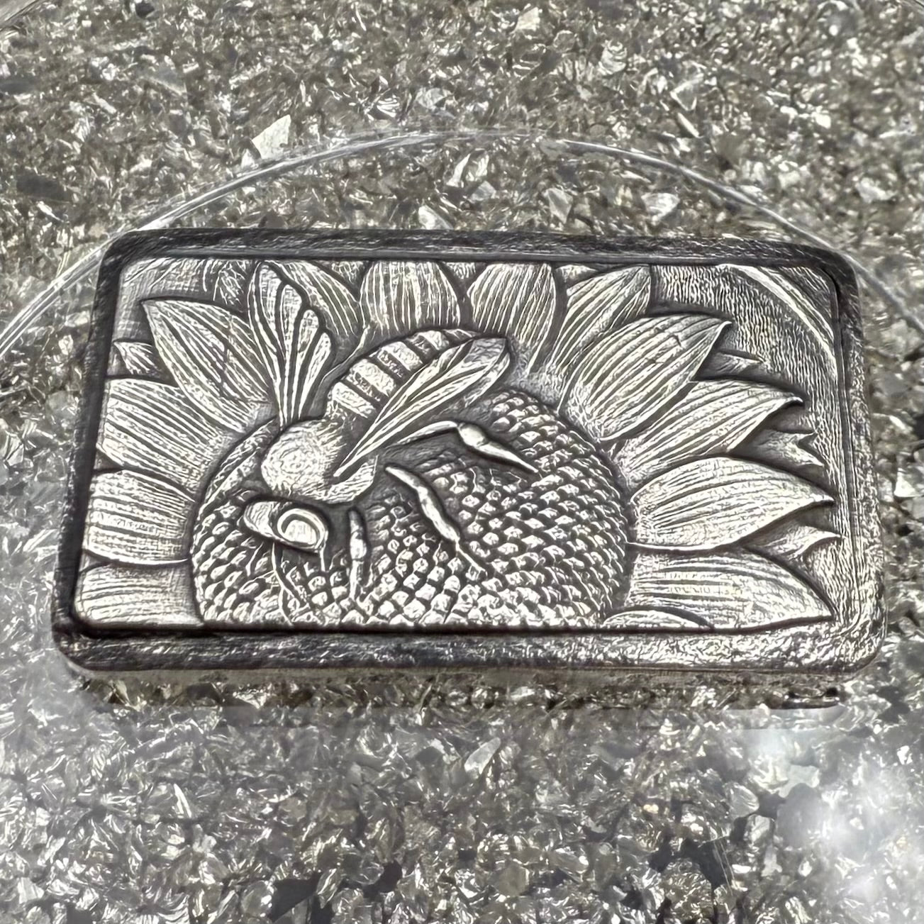 'Sunflower Bee Bar' 1.55 ozt .999 Fine Silver Bar, Hand Crafted by St Bee's in England, Satin Finish, Includes Wood Treasure Chest, COA, Mint Condition (Limited Edition)