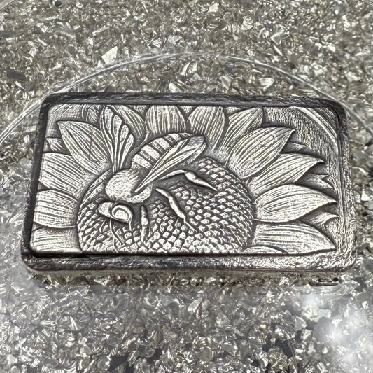 'Sunflower Bee Bar' 1.56 ozt .999 Fine Silver Bar, Hand Crafted by St Bee's in England, Satin Finish, Includes Wood Treasure Chest, COA, Mint Condition (Limited Edition)