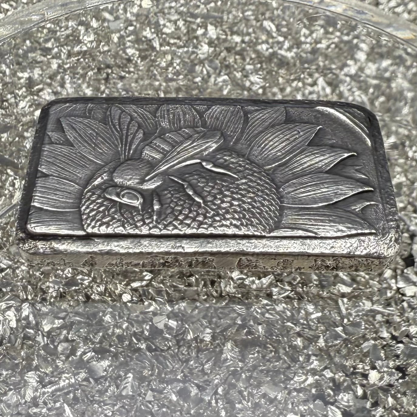 'Sunflower Bee Bar' 1.55 ozt .999 Fine Silver Bar, Hand Crafted by St Bee's in England, Satin Finish, Includes Wood Treasure Chest, COA, Mint Condition (Limited Edition)