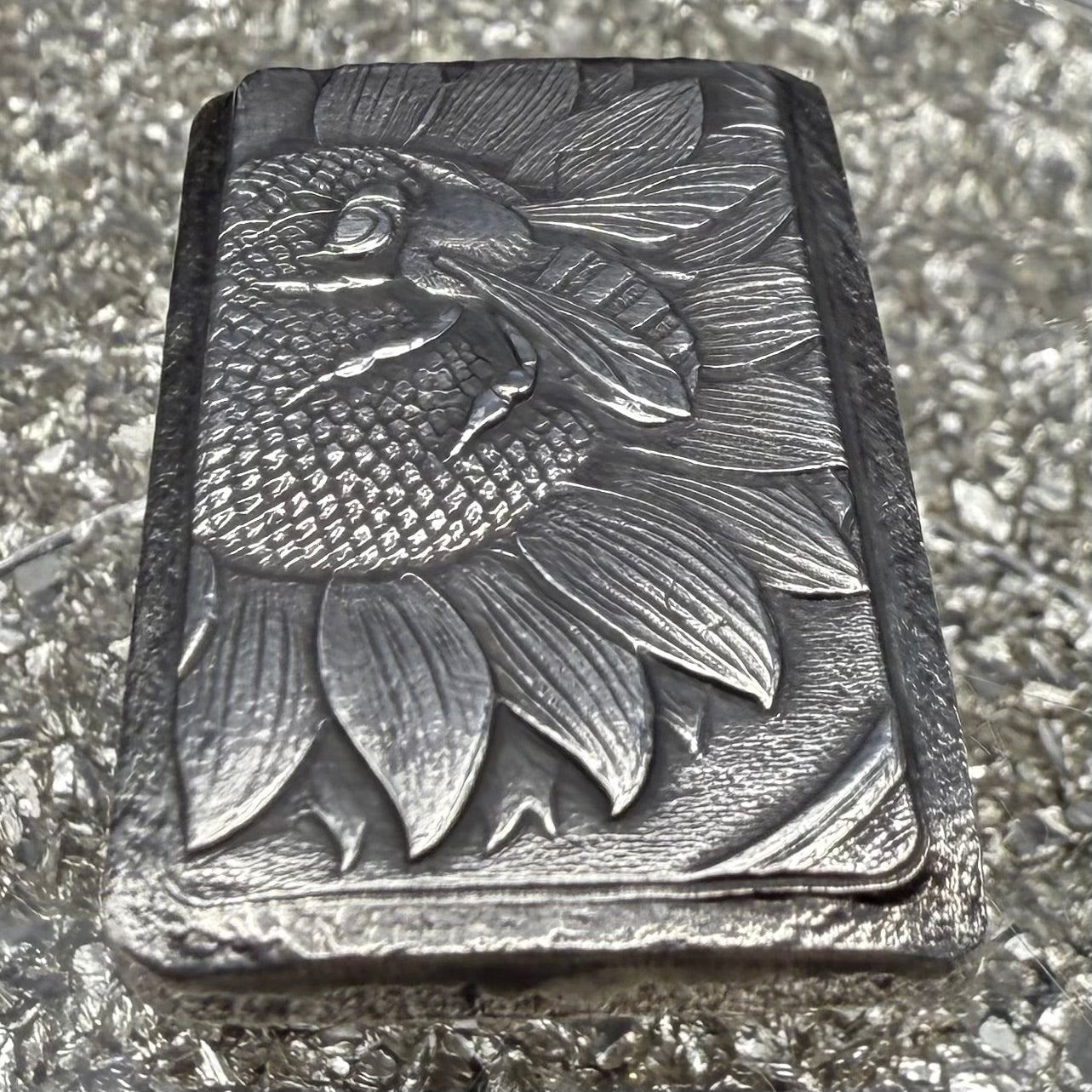 'Sunflower Bee Bar' 1.55 ozt .999 Fine Silver Bar, Hand Crafted by St Bee's in England, Satin Finish, Includes Wood Treasure Chest, COA, Mint Condition (Limited Edition)