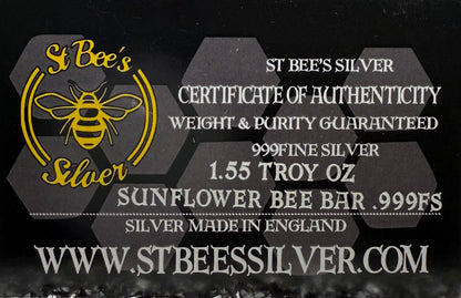 'Sunflower Bee Bar' 1.55 ozt .999 Fine Silver Bar, Hand Crafted by St Bee's in England, Satin Finish, Includes Wood Treasure Chest, COA, Mint Condition (Limited Edition)