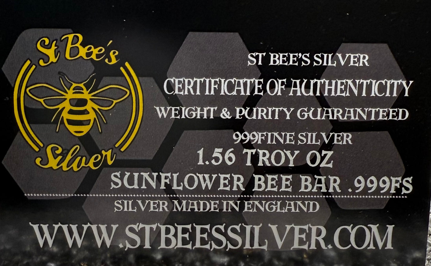 'Sunflower Bee Bar' 1.56 ozt .999 Fine Silver Bar, Hand Crafted by St Bee's in England, Satin Finish, Includes Wood Treasure Chest, COA, Mint Condition (Limited Edition)