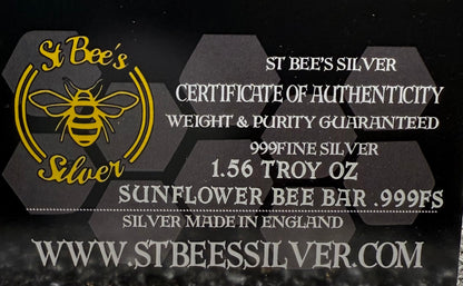 'Sunflower Bee Bar' 1.56 ozt .999 Fine Silver Bar, Hand Crafted by St Bee's in England, Satin Finish, Includes Wood Treasure Chest, COA, Mint Condition (Limited Edition)