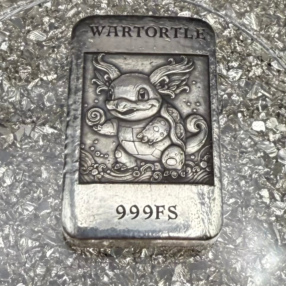 'Pokémon Wartortle Bar' 1.22 oz .999 Fine Silver Bar, Hand Crafted by St Bee's in England, Shiny Finish, Includes Wood Treasure Chest, COA, Mint Condition (Prototype)