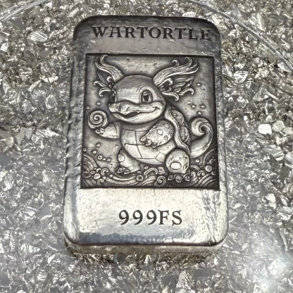 'Pokémon Wartortle Bar' 1.22 oz .999 Fine Silver Bar, Hand Crafted by St Bee's in England, Shiny Finish, Includes Wood Treasure Chest, COA, Mint Condition (Prototype)