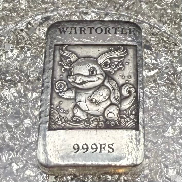 'Pokémon Wartortle Bar' 1.22 oz .999 Fine Silver Bar, Hand Crafted by St Bee's in England, Shiny Finish, Includes Wood Treasure Chest, COA, Mint Condition (Prototype)