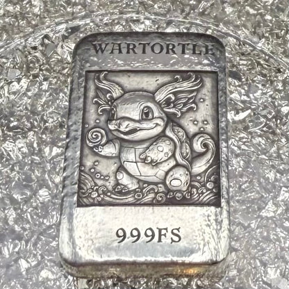 'Pokémon Wartortle Bar' 1.22 oz .999 Fine Silver Bar, Hand Crafted by St Bee's in England, Shiny Finish, Includes Wood Treasure Chest, COA, Mint Condition (Prototype)