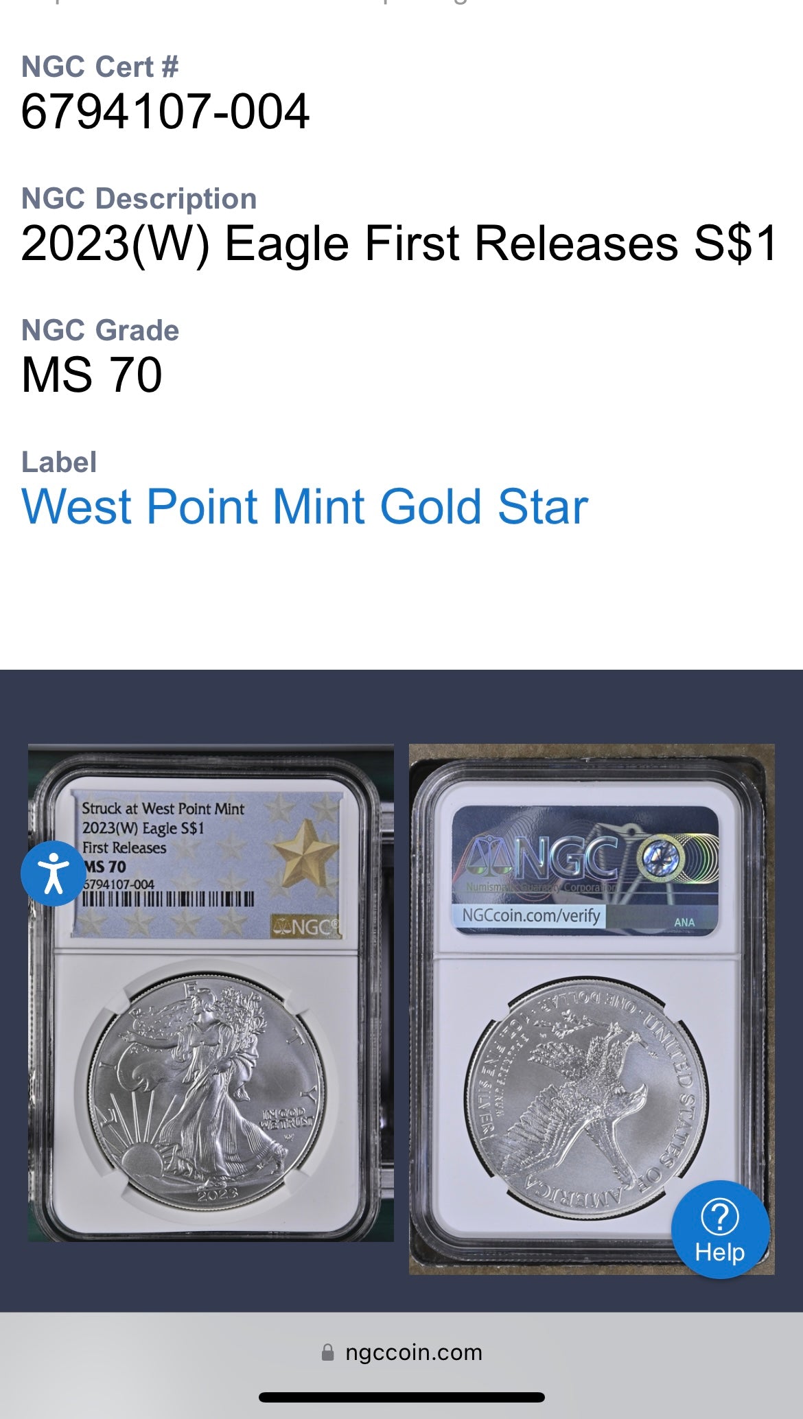 2023 (W) $1 American Silver Eagle NGC MS70 FR West Point Gold Star Label (Rare 1 of 1,510)