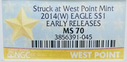 2014 (W) $1 American Silver Eagle NGC MS70 West Point Gold Star Label Mint Condition (Rare 1 of 18,292)