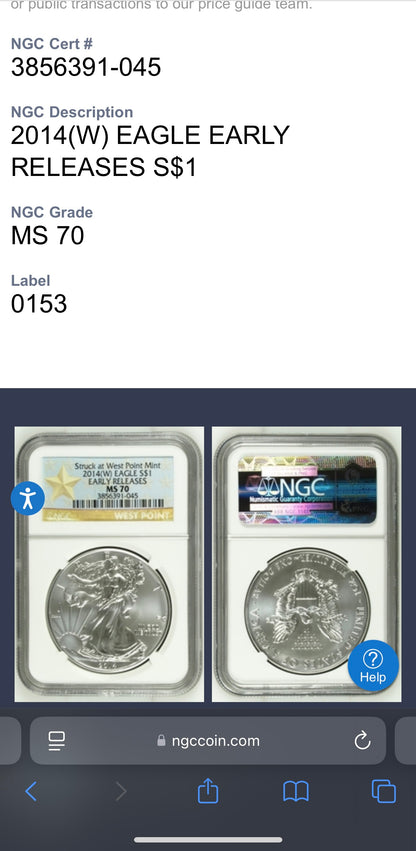 2014 (W) $1 American Silver Eagle NGC MS70 West Point Gold Star Label Mint Condition (Rare 1 of 18,292)