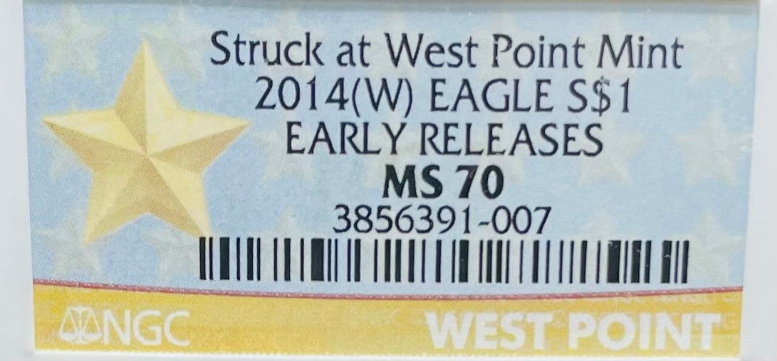 2014 (W) $1 American Silver Eagle NGC MS70 West Point Gold Star Label (Rare 1 of 18,292)