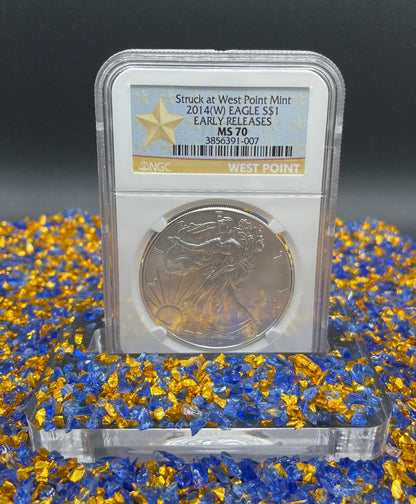 2014 (W) $1 American Silver Eagle NGC MS70 West Point Gold Star Label (Rare 1 of 18,292)