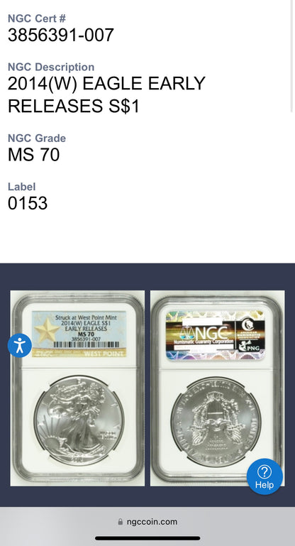 2014 (W) $1 American Silver Eagle NGC MS70 West Point Gold Star Label (Rare 1 of 18,292)