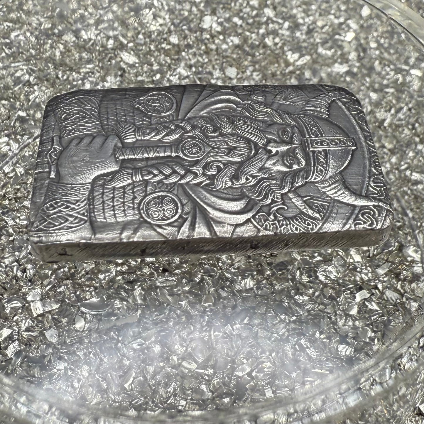 'Viking Bar' 1.5 oz .999 Fine Silver Bar, Hand Crafted by St Bee's in England, Antique Finish, Includes Wood Treasure Chest, COA, Mint Condition