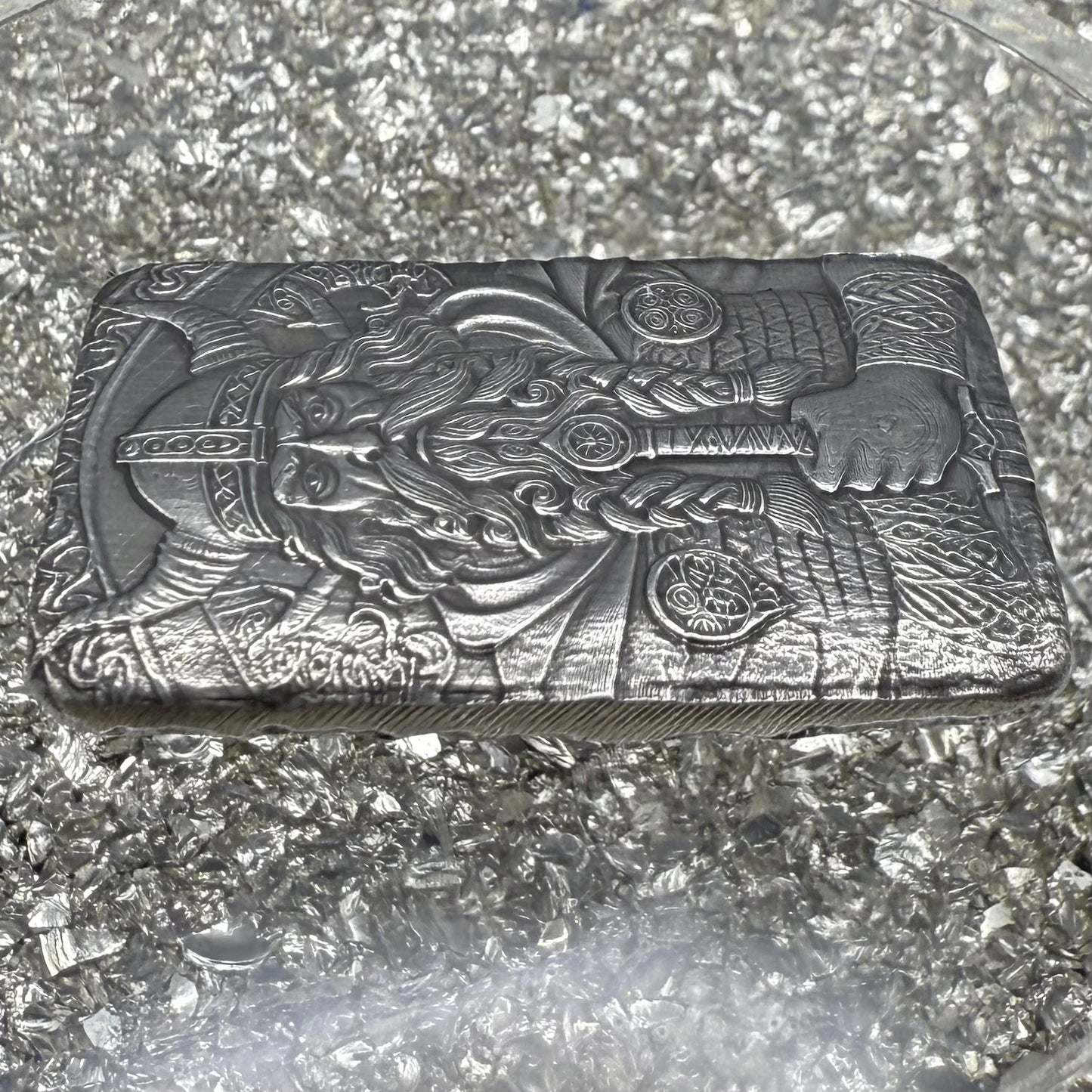'Viking Bar' 1.5 oz .999 Fine Silver Bar, Hand Crafted by St Bee's in England, Antique Finish, Includes Wood Treasure Chest, COA, Mint Condition