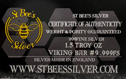 'Viking Bar' 1.5 oz .999 Fine Silver Bar, Hand Crafted by St Bee's in England, Antique Finish, Includes Wood Treasure Chest, COA, Mint Condition