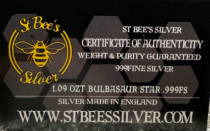 Pokémon 'Bulbasaur Star' 1.09 oz .999 Fine Silver Star Hand Crafted by St Bee's in England, Shiny Finish, Includes Poké Ball & COA, Mint Condition, Limited Edition