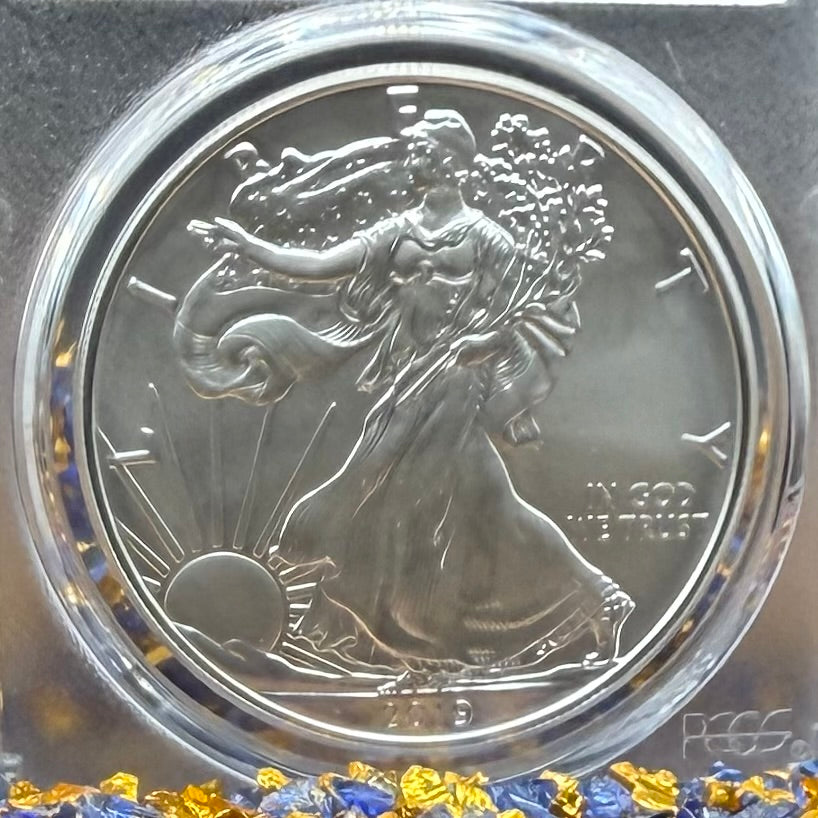 Burnished 2019 (W) $1 American Silver Eagle PCGS SP70 Denver First Strike Silver Foil Label - Rare 1 of 79 Mint!