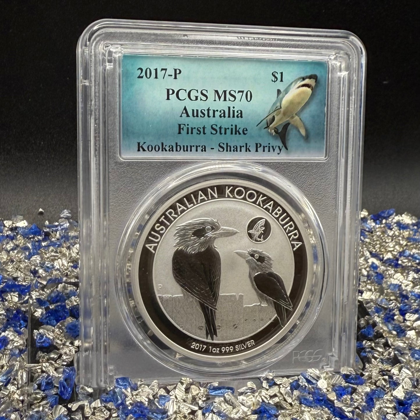 2017 P Silver $1 Australia Silver Dollar PCGS First Strike MS70 Australia Kookaburra - Shark Privy (1 of 358) Mint
