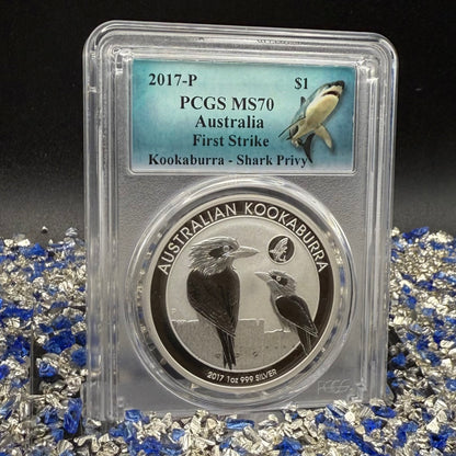 2017 P Silver $1 Australia Silver Dollar PCGS First Strike MS70 Australia Kookaburra - Shark Privy (1 of 358) Mint