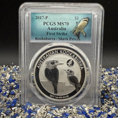 2017 P Silver $1 Australia Silver Dollar PCGS First Strike MS70 Australia Kookaburra - Shark Privy (1 of 358) Mint
